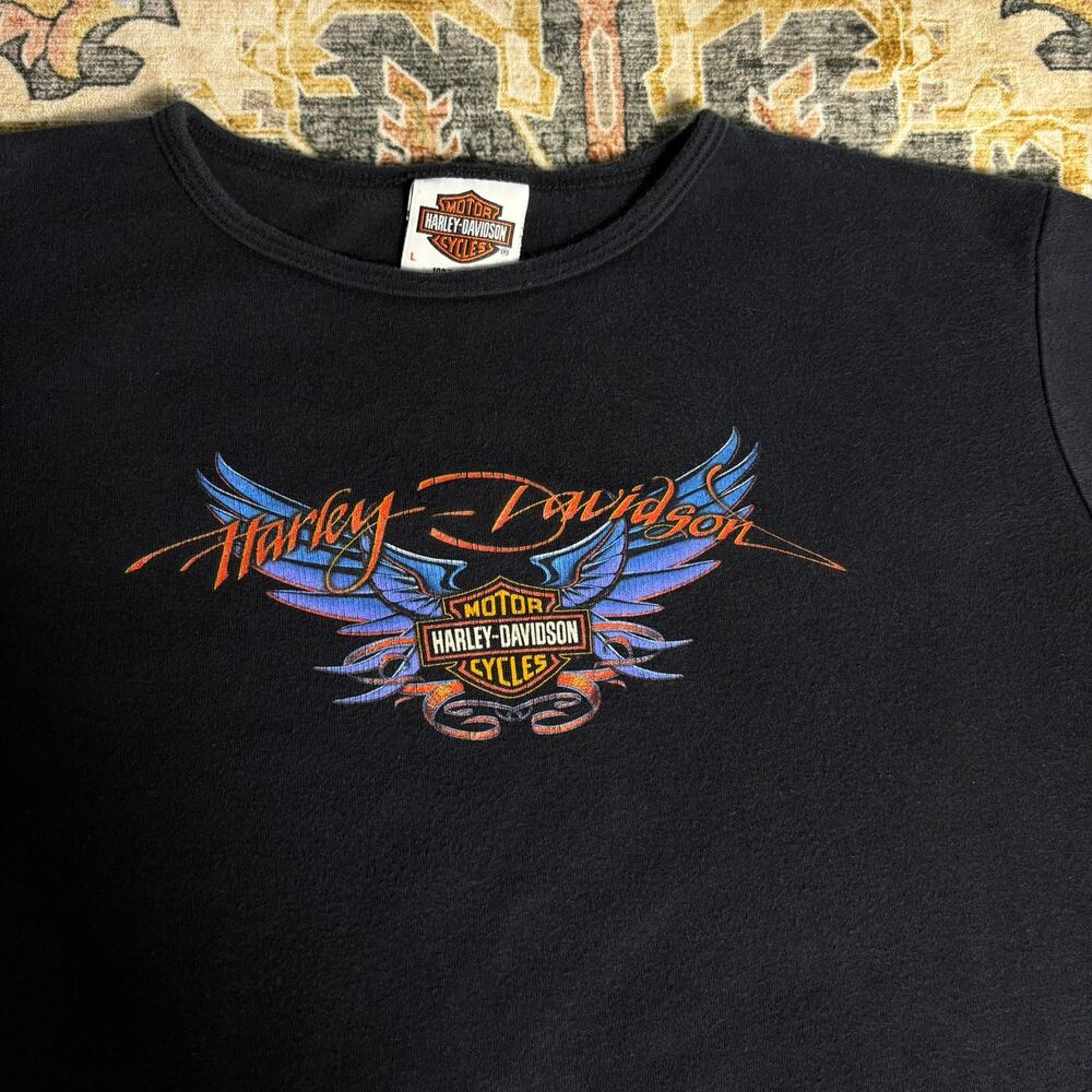 Vintage Harley Davidson Babydoll Black t-shirt Top Angel Wings Punk Grunge Large